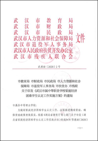 关于印发《武汉市属中等职业学校家庭经济困难学生认定工作实施方案